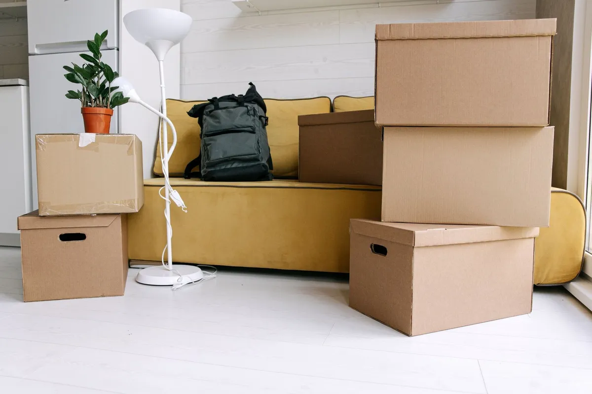 Cardboard boxes and a backpack in a cozy living room capture the excitement of moving day.