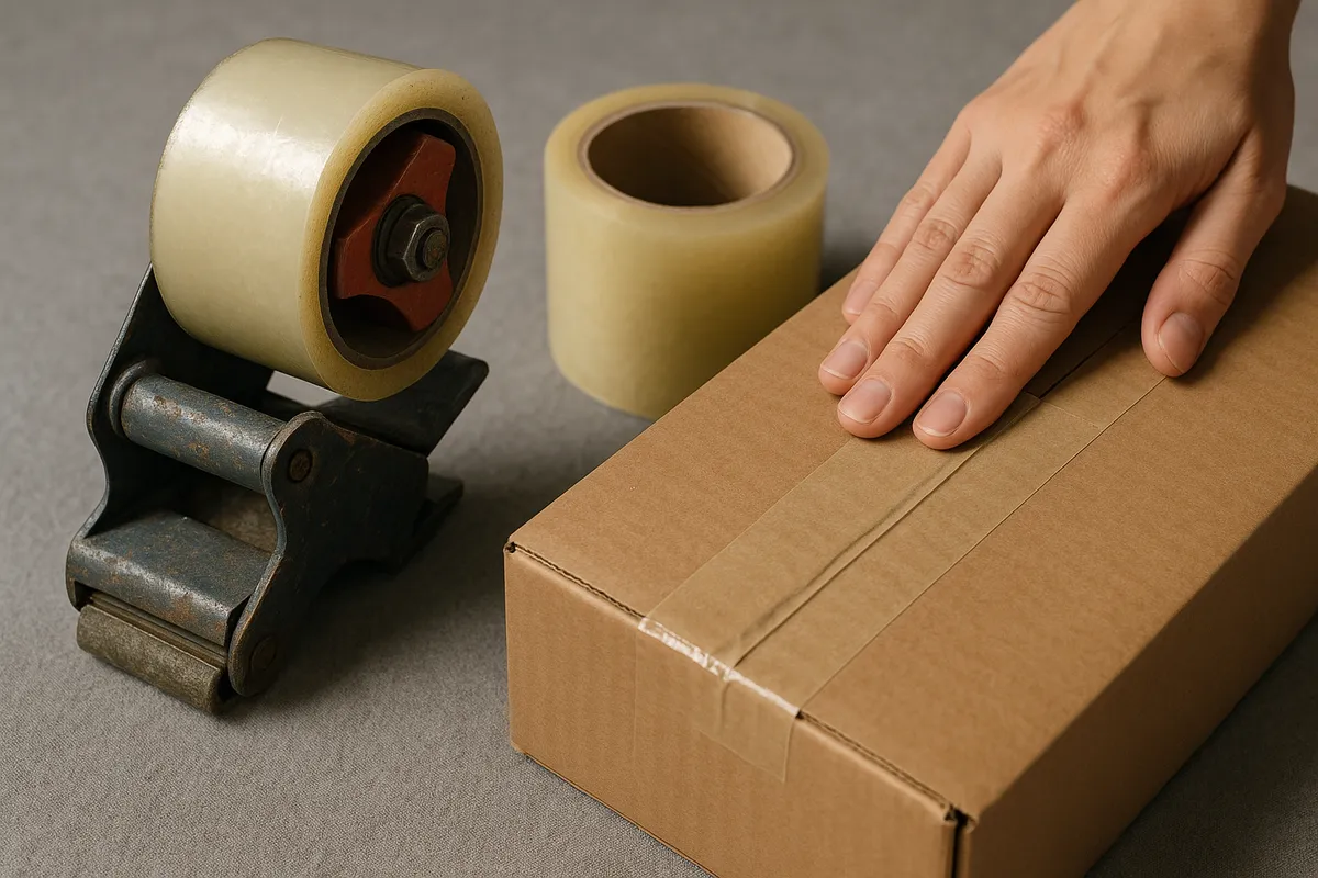 A hand applying packing tape to a cardboard box, emphasizing the importance of proper packing when moving.