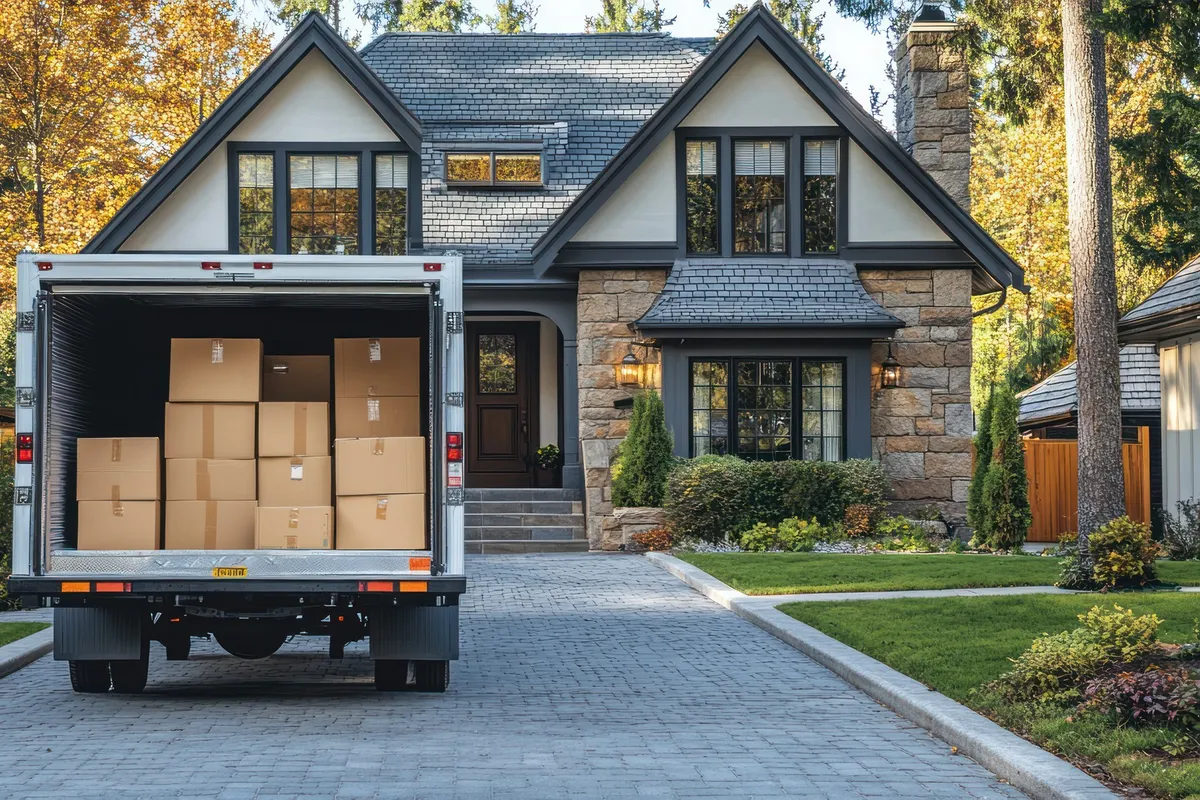 Moving boxes stacked in a truck parked outside a house, illustrating the moving process discussed in the guide.
