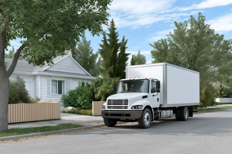 A delivery truck parked on a quiet street, unloading parcels in a peaceful residential area.