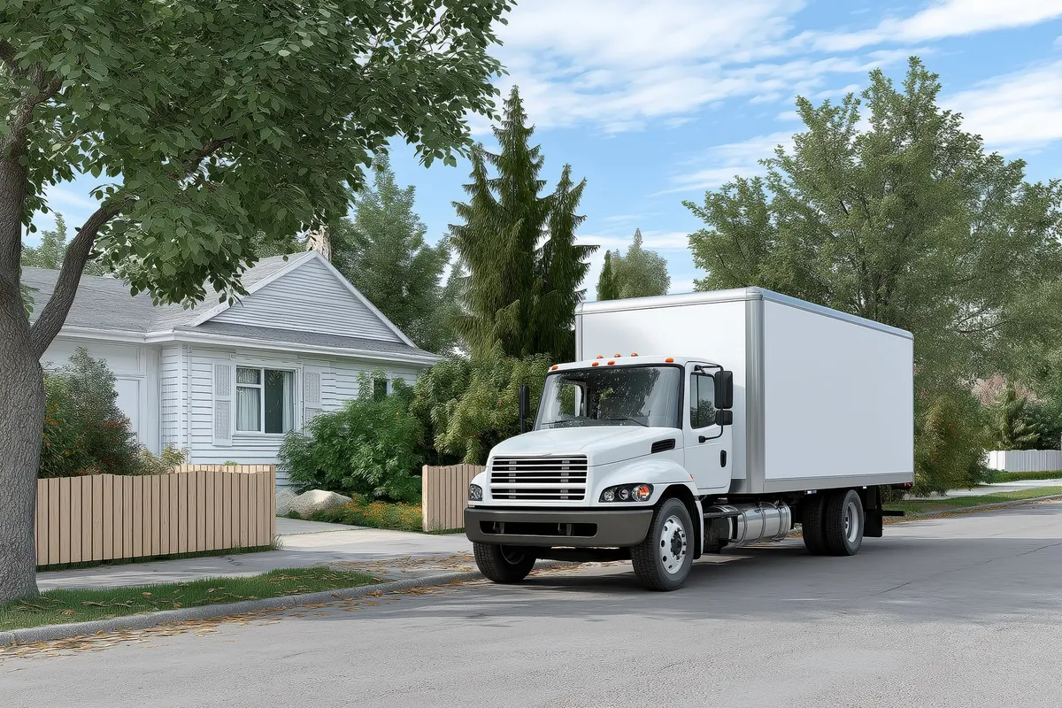 A delivery truck parked on a quiet street, unloading parcels in a peaceful residential area.