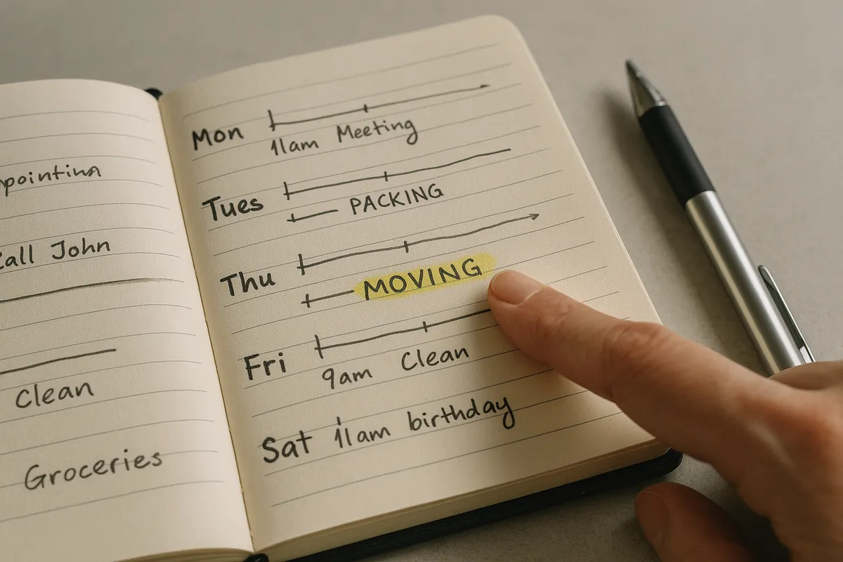 A hand points to a highlighted moving date in a planner filled with notes, emphasizing the importance of timing.
