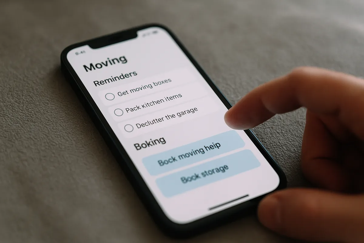 A hand taps a moving app on a smartphone, highlighting the importance of planning for a move.