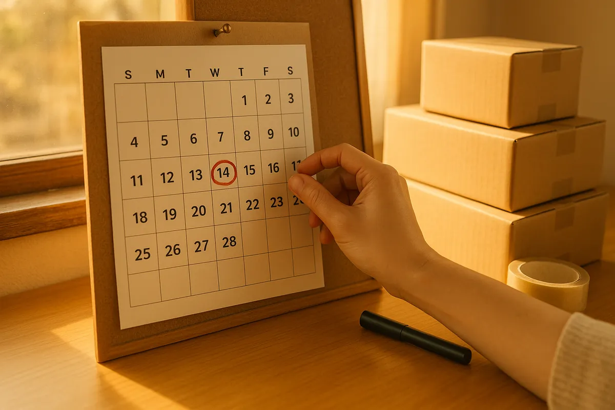 A hand adjusts a calendar with a circled date, beside moving boxes and packing materials on a warm desk.