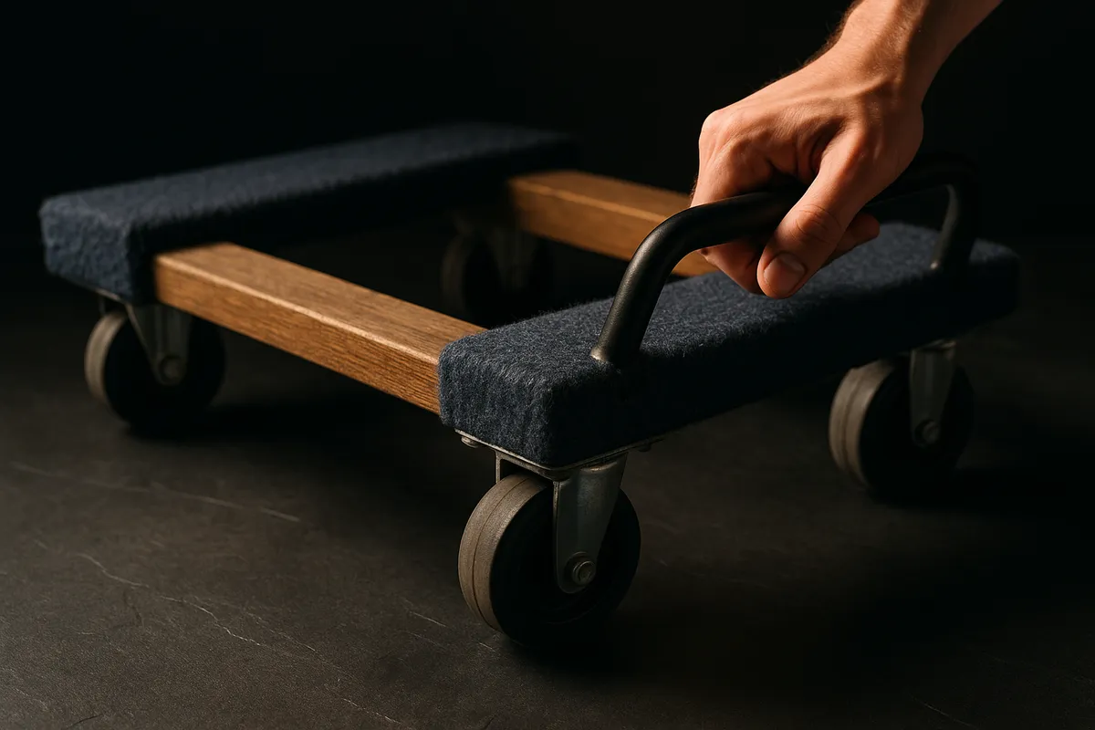 A close-up of a moving dolly on a dark slate surface, symbolizing strength and reliability for moving services.