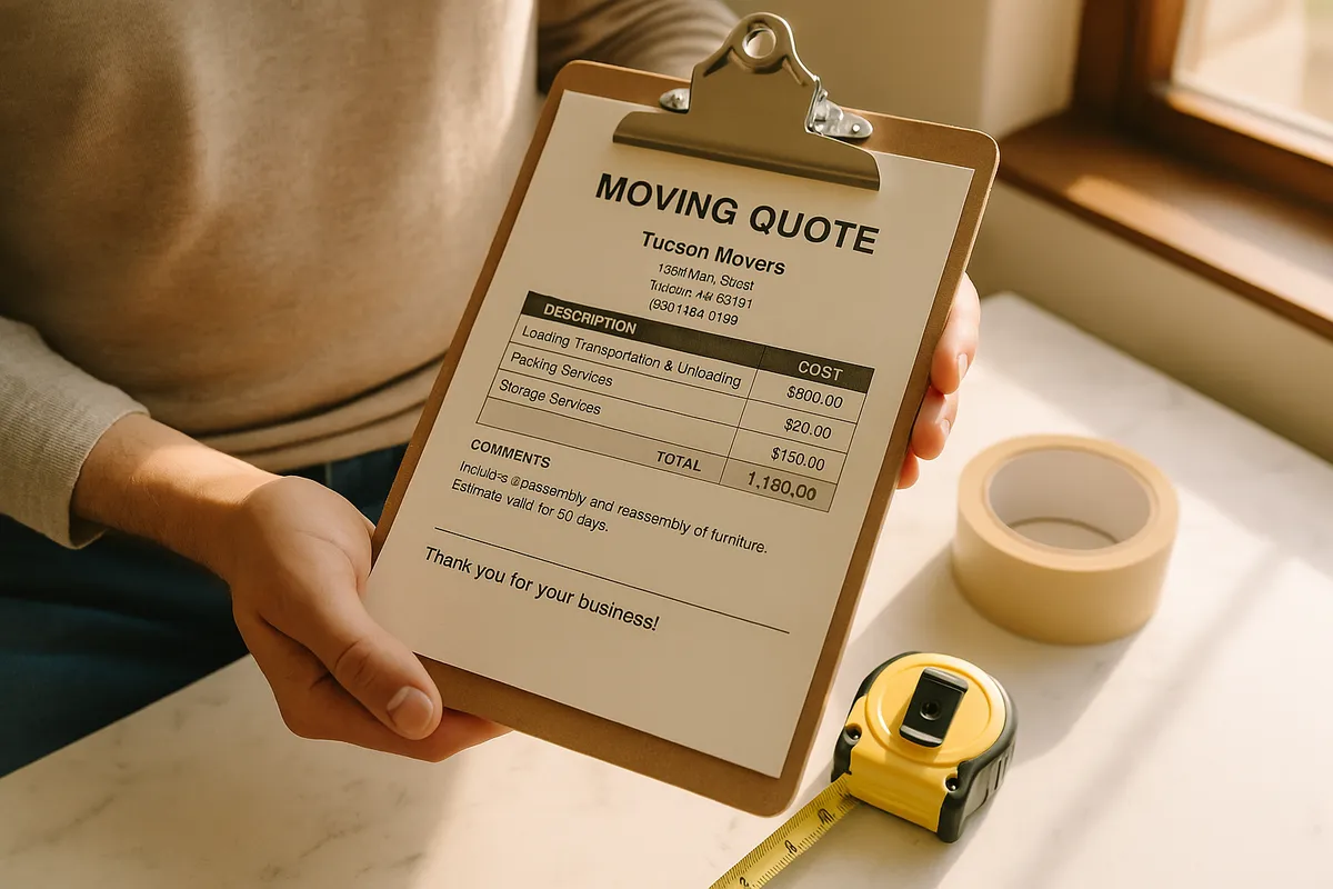 A detailed moving quote on a clipboard held by a person, surrounded by packing supplies, highlighting moving costs.