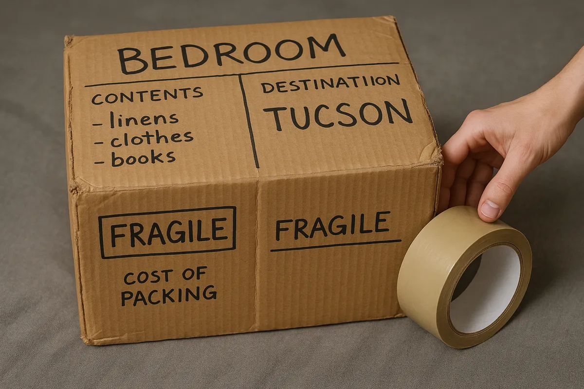 A worn moving box labeled with contents sits on a grey surface next to a roll of packing tape, highlighting moving costs.
