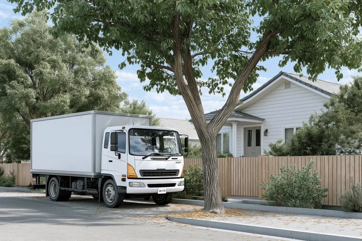 A delivery truck parked on a quiet street unloading parcels, illustrating the moving process in a calm neighborhood.