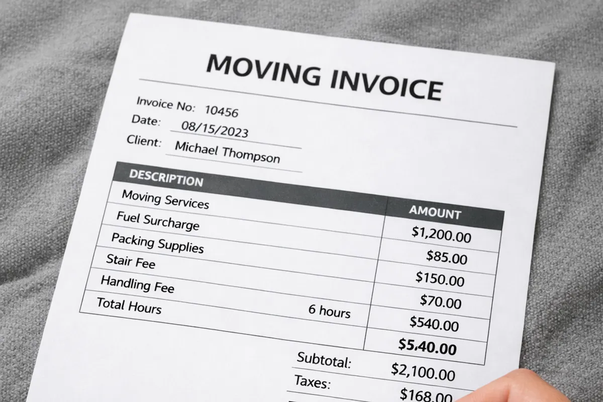 A detailed moving invoice with unexpected fees, with a hand holding a pen ready to sign, emphasizing costs.