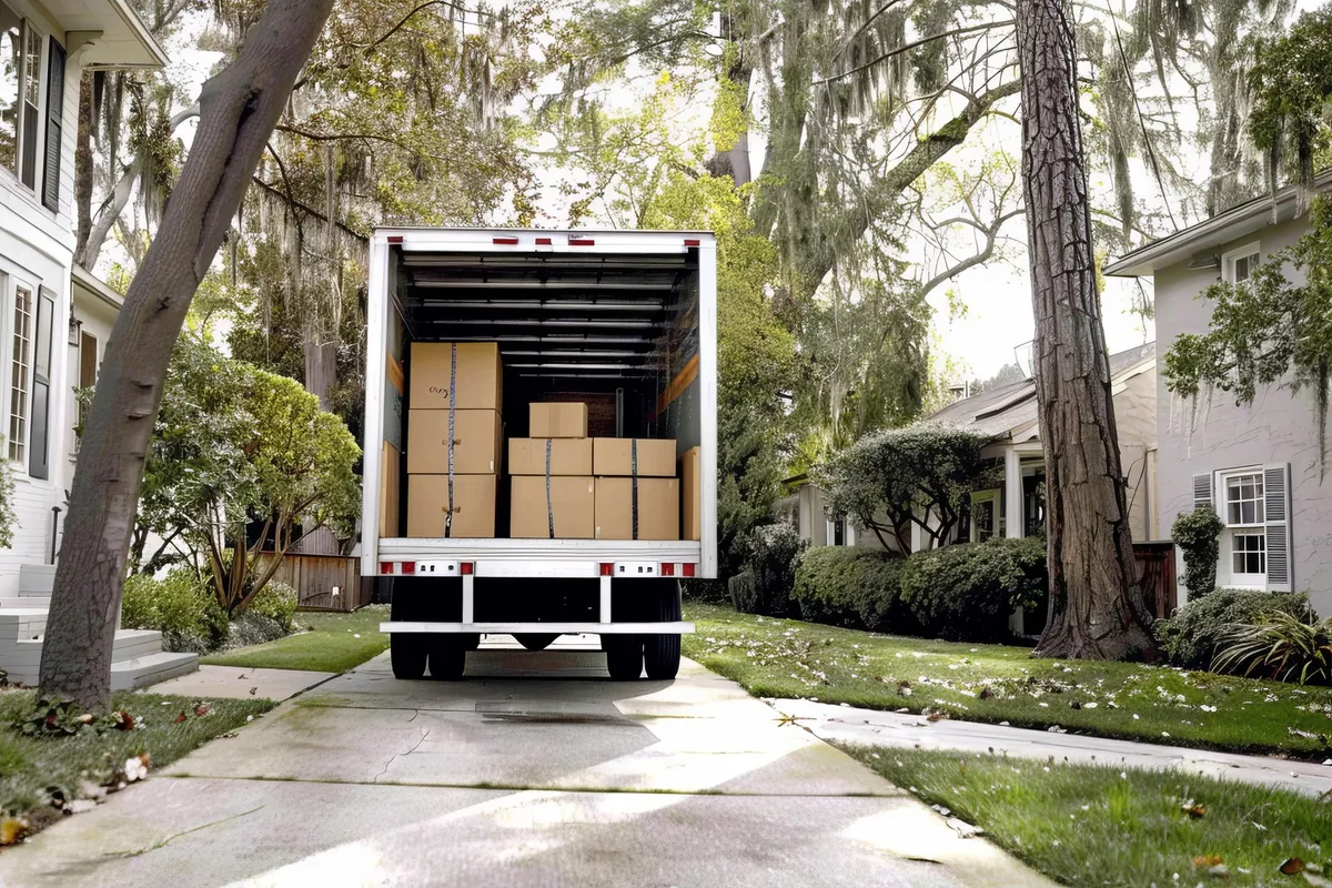 A moving truck parked on the street filled with cardboard boxes, illustrating the costs of hiring movers.